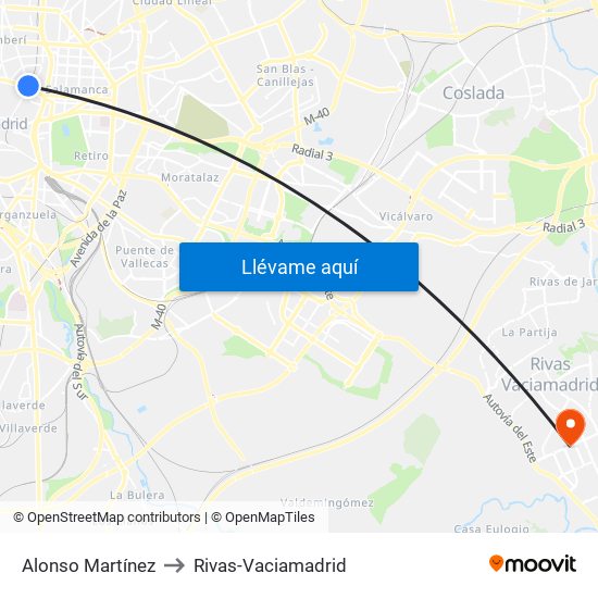 Alonso Martínez to Rivas-Vaciamadrid map