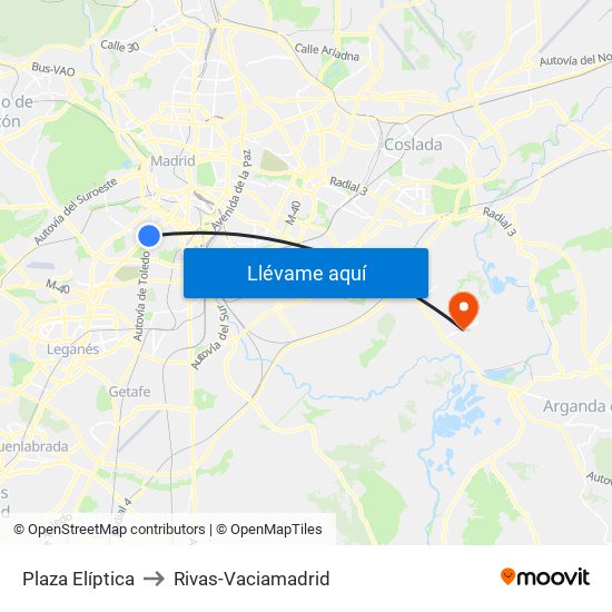 Plaza Elíptica to Rivas-Vaciamadrid map