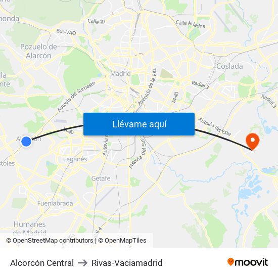 Alcorcón Central to Rivas-Vaciamadrid map