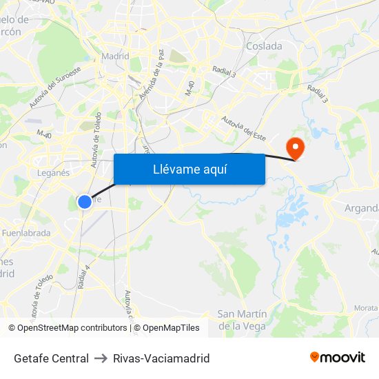 Getafe Central to Rivas-Vaciamadrid map