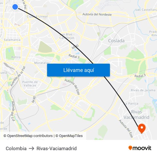 Colombia to Rivas-Vaciamadrid map