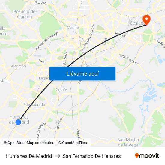 Humanes De Madrid to San Fernando De Henares map