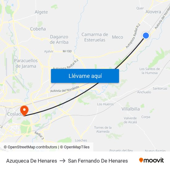 Azuqueca De Henares to San Fernando De Henares map