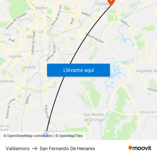 Valdemoro to San Fernando De Henares map