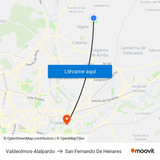 Valdeolmos-Alalpardo to San Fernando De Henares map