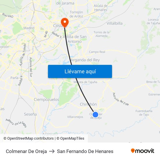 Colmenar De Oreja to San Fernando De Henares map