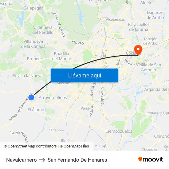 Navalcarnero to San Fernando De Henares map