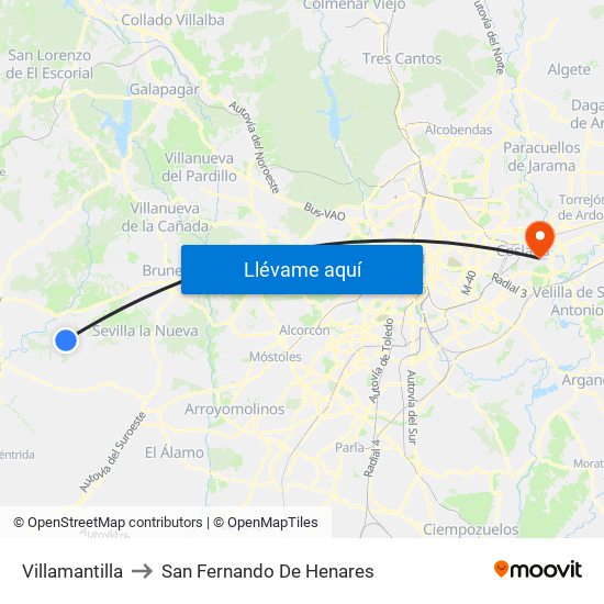 Villamantilla to San Fernando De Henares map