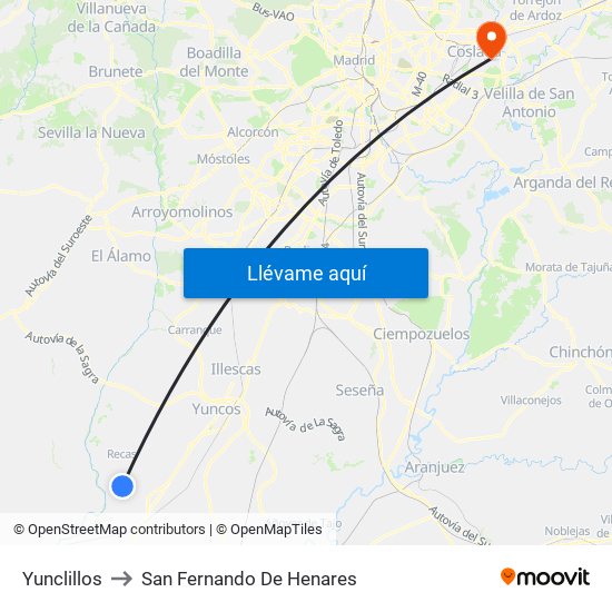 Yunclillos to San Fernando De Henares map