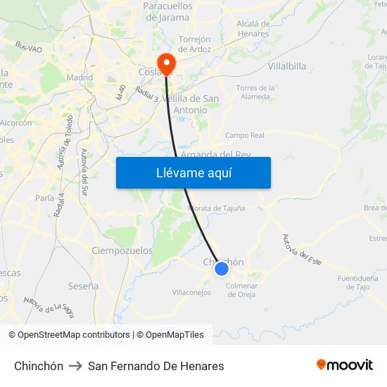 Chinchón to San Fernando De Henares map