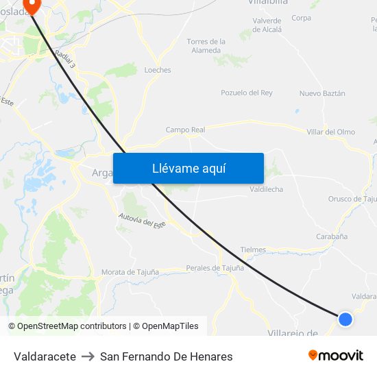 Valdaracete to San Fernando De Henares map