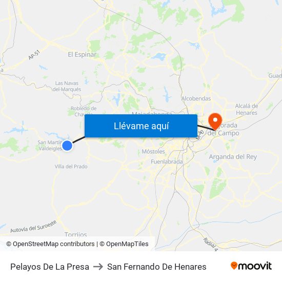 Pelayos De La Presa to San Fernando De Henares map