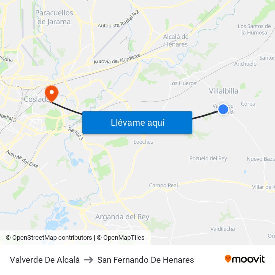 Valverde De Alcalá to San Fernando De Henares map