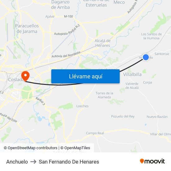 Anchuelo to San Fernando De Henares map