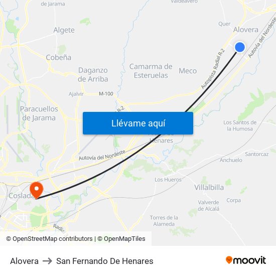 Alovera to San Fernando De Henares map