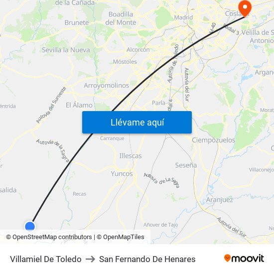 Villamiel De Toledo to San Fernando De Henares map