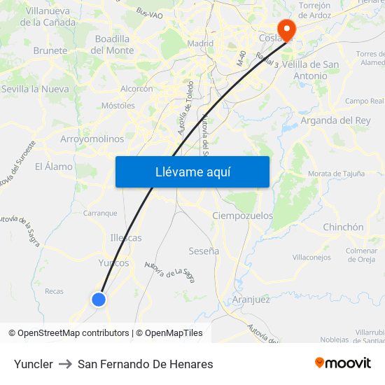 Yuncler to San Fernando De Henares map