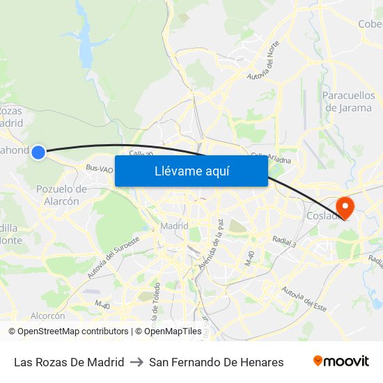 Las Rozas De Madrid to San Fernando De Henares map
