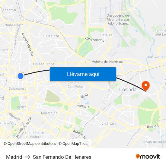 Madrid to San Fernando De Henares map