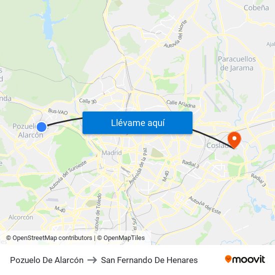 Pozuelo De Alarcón to San Fernando De Henares map