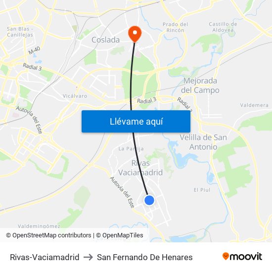 Rivas-Vaciamadrid to San Fernando De Henares map