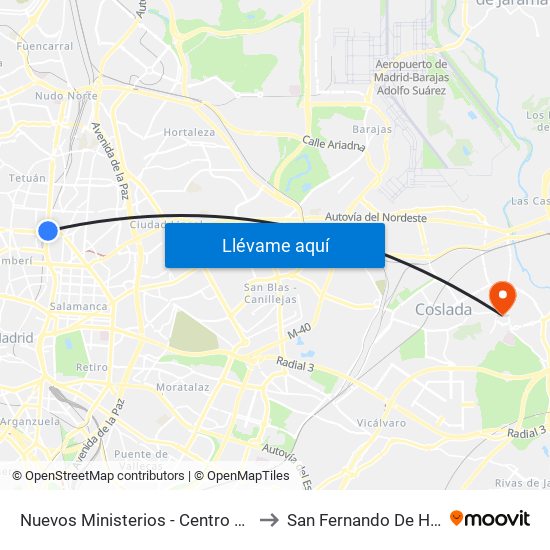Nuevos Ministerios - Centro Comercial to San Fernando De Henares map