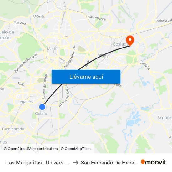 Las Margaritas - Universidad to San Fernando De Henares map