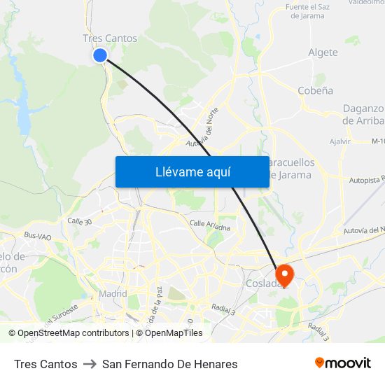 Tres Cantos to San Fernando De Henares map