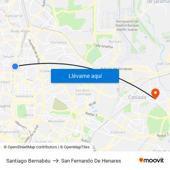 Santiago Bernabéu to San Fernando De Henares map