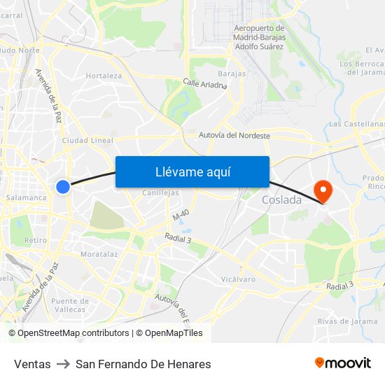 Ventas to San Fernando De Henares map