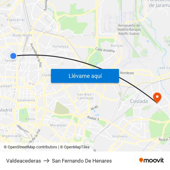 Valdeacederas to San Fernando De Henares map