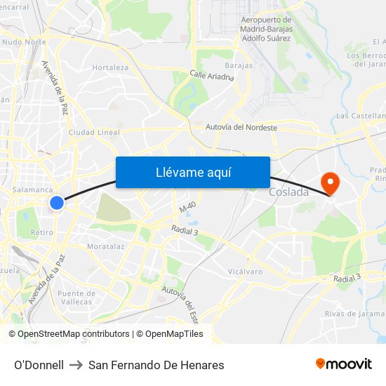 O'Donnell to San Fernando De Henares map