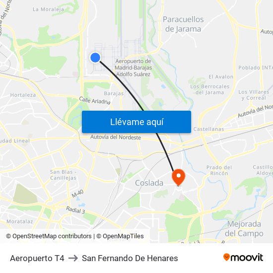 Aeropuerto T4 to San Fernando De Henares map