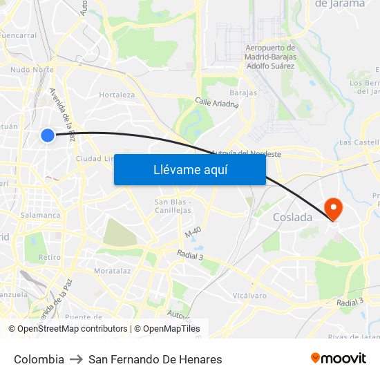 Colombia to San Fernando De Henares map
