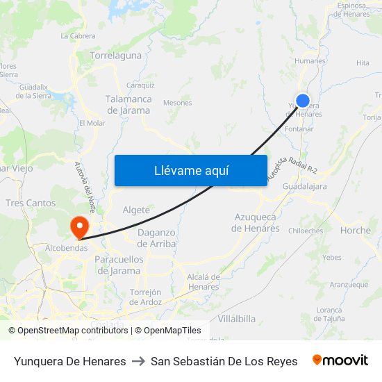 Yunquera De Henares to San Sebastián De Los Reyes map