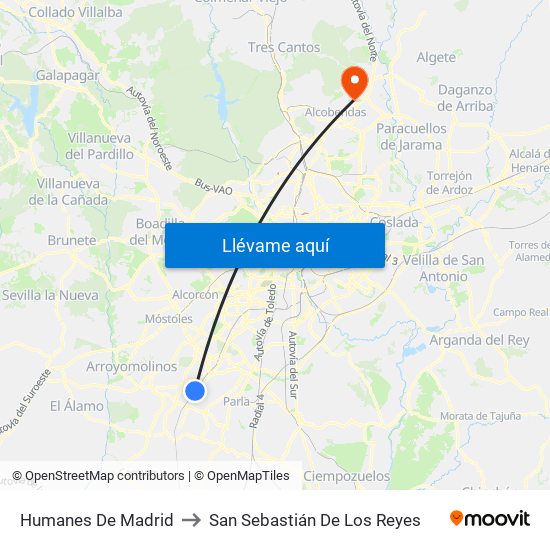 Humanes De Madrid to San Sebastián De Los Reyes map