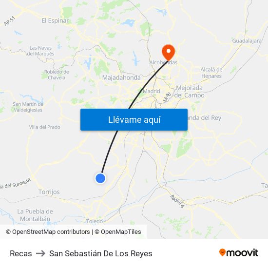 Recas to San Sebastián De Los Reyes map