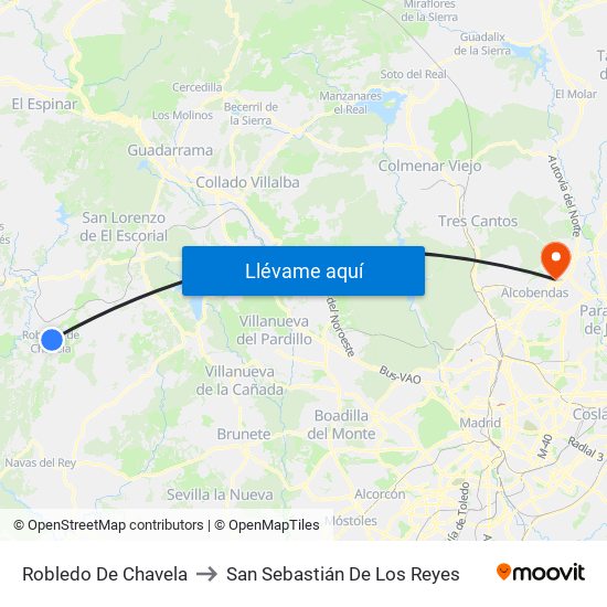 Robledo De Chavela to San Sebastián De Los Reyes map