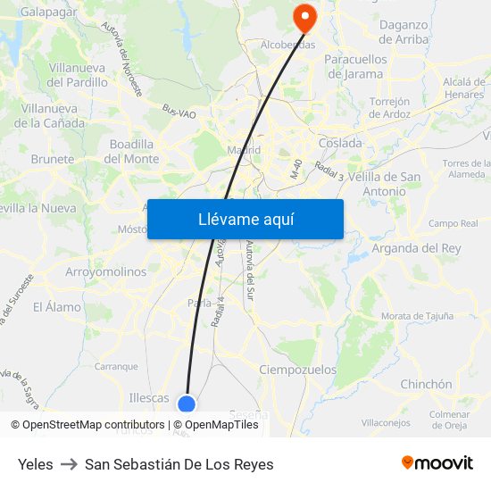 Yeles to San Sebastián De Los Reyes map
