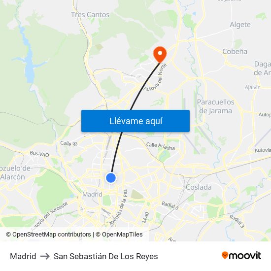 Madrid to San Sebastián De Los Reyes map
