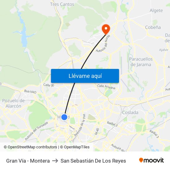 Gran Vía - Montera to San Sebastián De Los Reyes map