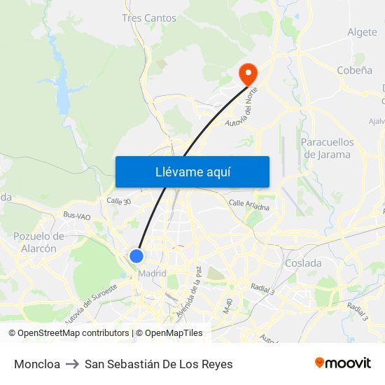 Moncloa to San Sebastián De Los Reyes map