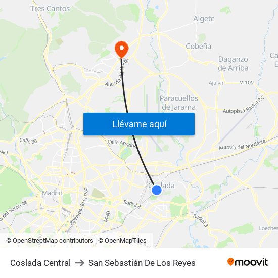 Coslada Central to San Sebastián De Los Reyes map