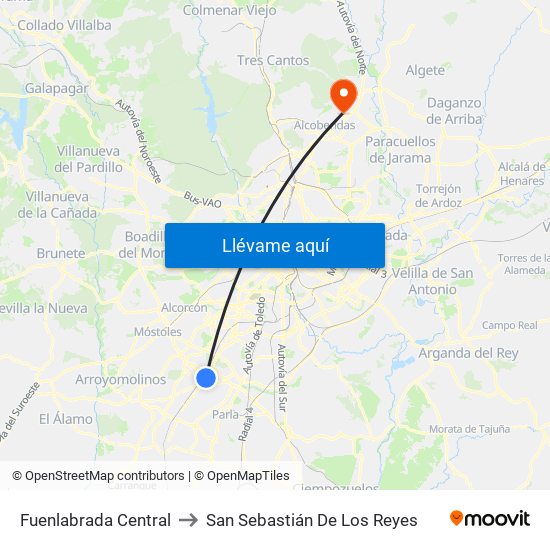 Fuenlabrada Central to San Sebastián De Los Reyes map