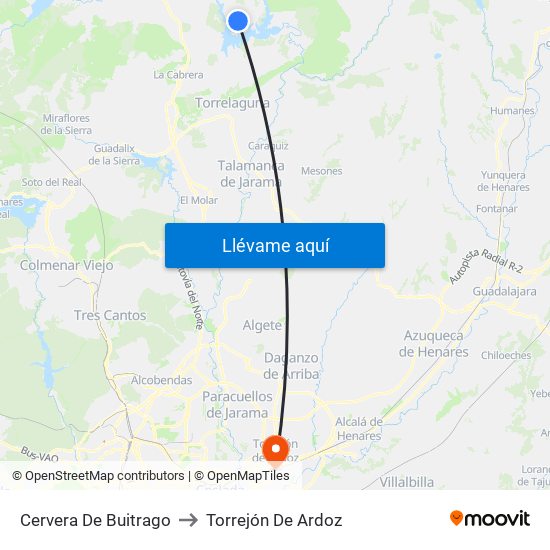 Cervera De Buitrago to Torrejón De Ardoz map