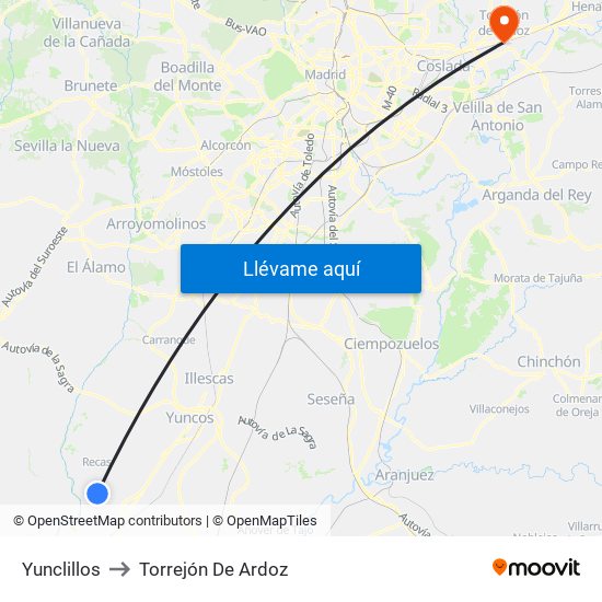 Yunclillos to Torrejón De Ardoz map