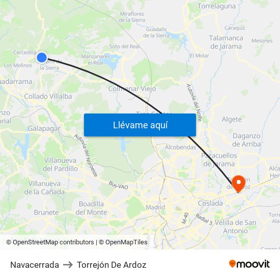 Navacerrada to Torrejón De Ardoz map