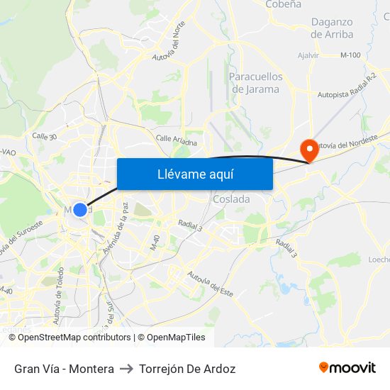 Gran Vía - Montera to Torrejón De Ardoz map