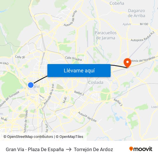 Gran Vía - Plaza De España to Torrejón De Ardoz map