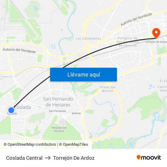 Coslada Central to Torrejón De Ardoz map